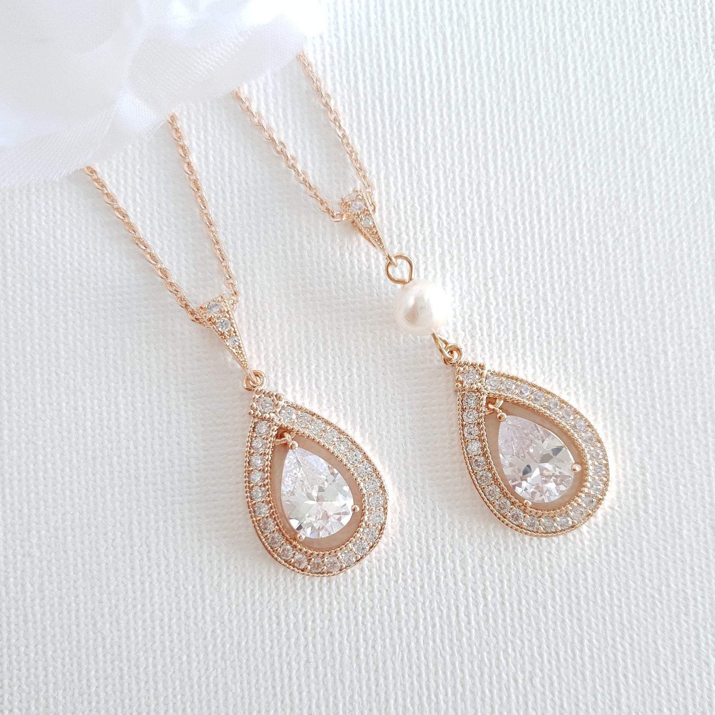 Gold Bridal Pendant Necklace Made of Teardrop Cubic Zirconia- Sarah - PoetryDesigns