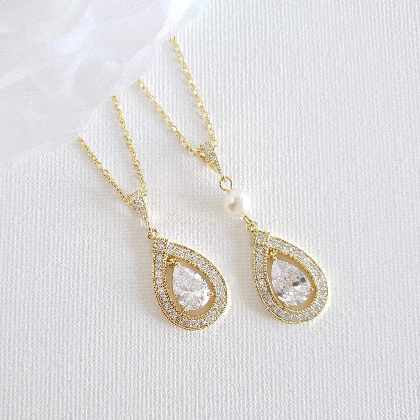 Gold Bridal Pendant Necklace Made of Teardrop Cubic Zirconia- Sarah - PoetryDesigns