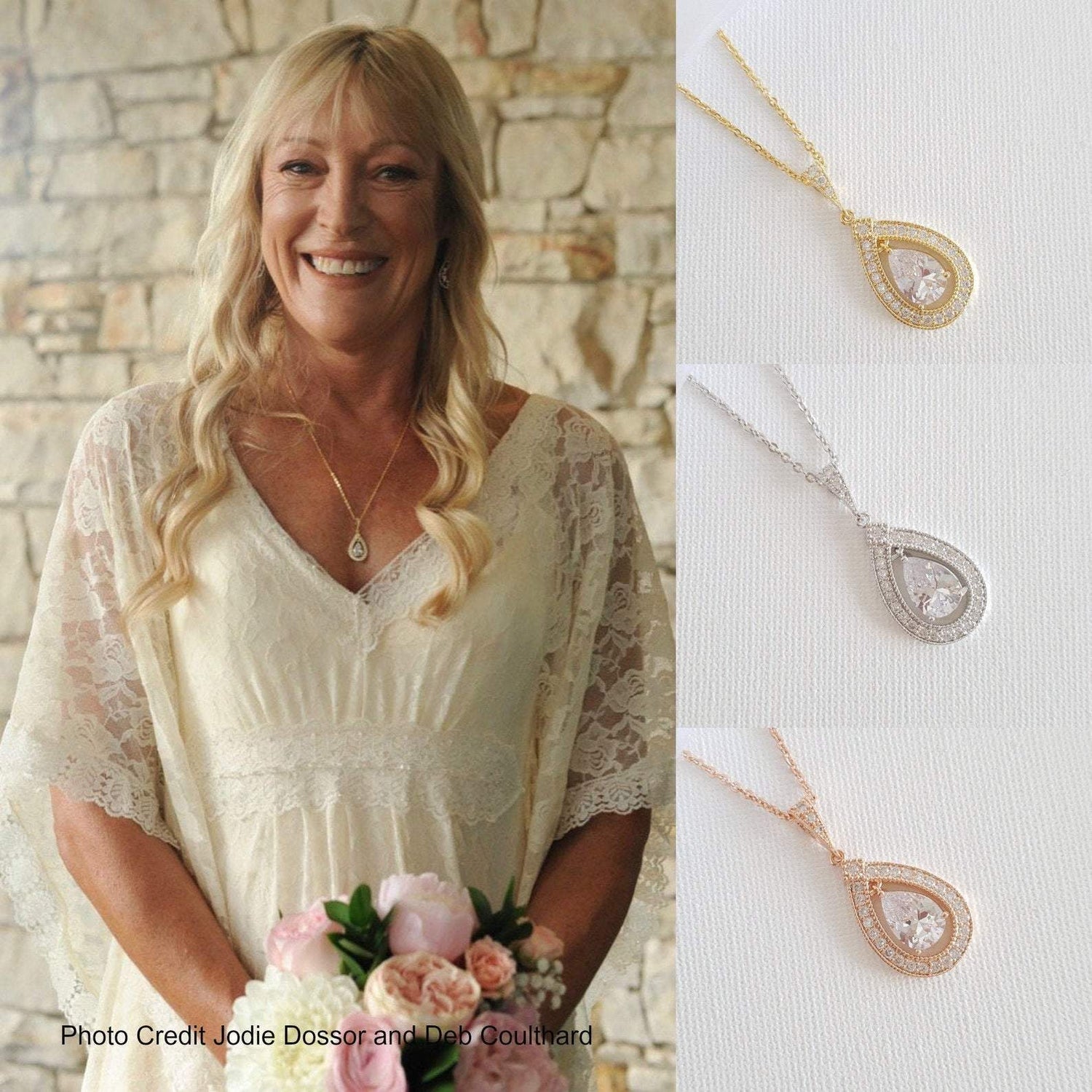 Gold Bridal Pendant Necklace Made of Teardrop Cubic Zirconia- Sarah - PoetryDesigns