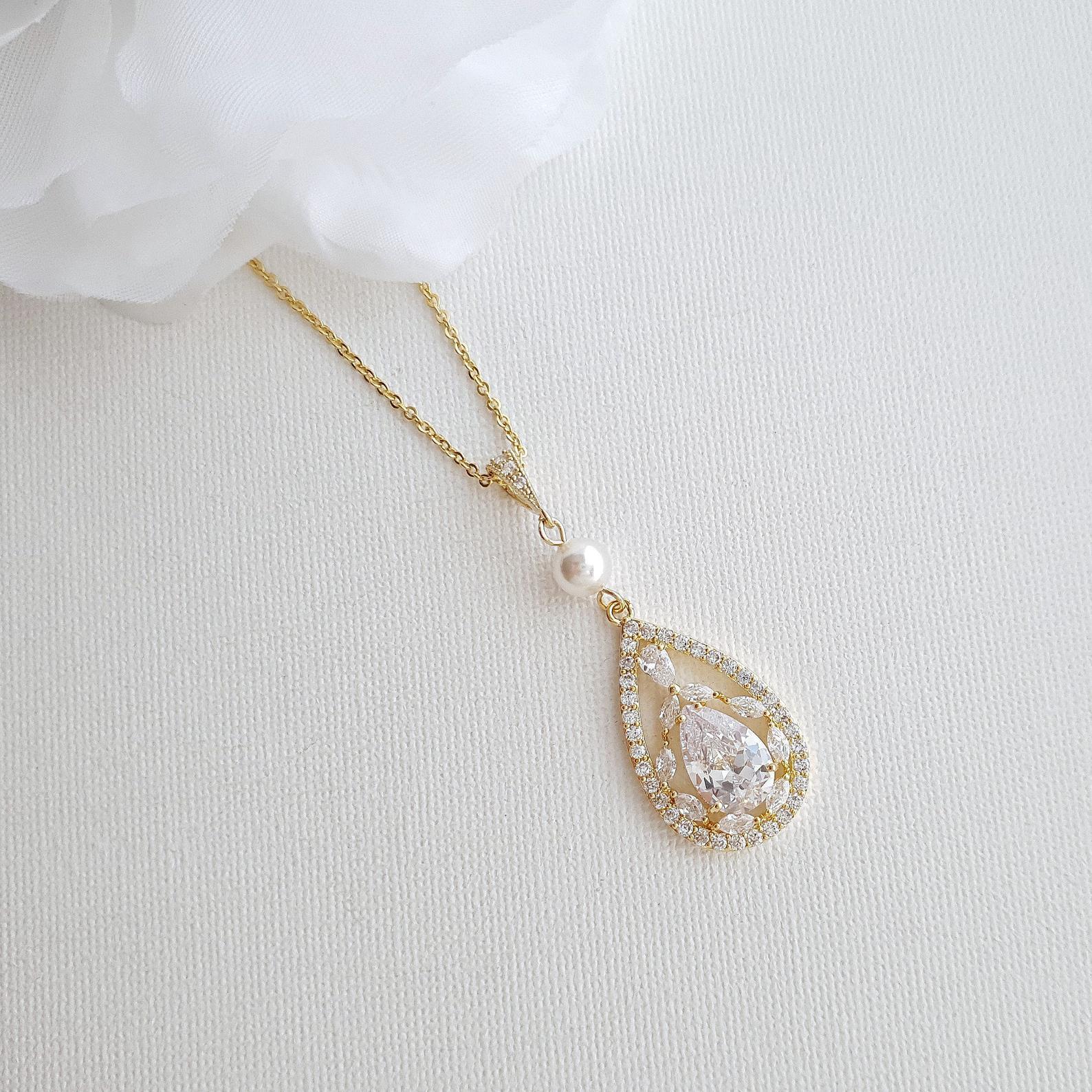 Teardrop Cubic Zirconia Pendant Necklace in 14K Gold for Weddings-Esther - PoetryDesigns
