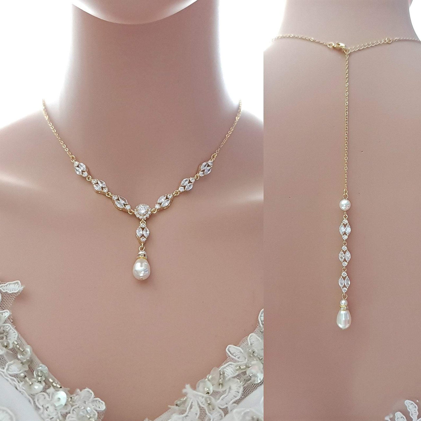 Bridal Back Necklace with Pearl & Crystal Backdrop for Weddings- Hayley - PoetryDesigns