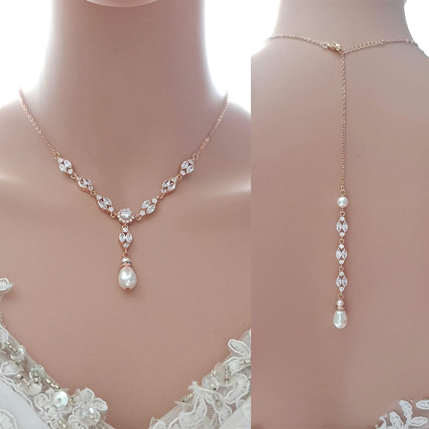 Bridal Back Necklace with Pearl & Crystal Backdrop for Weddings- Hayley - PoetryDesigns