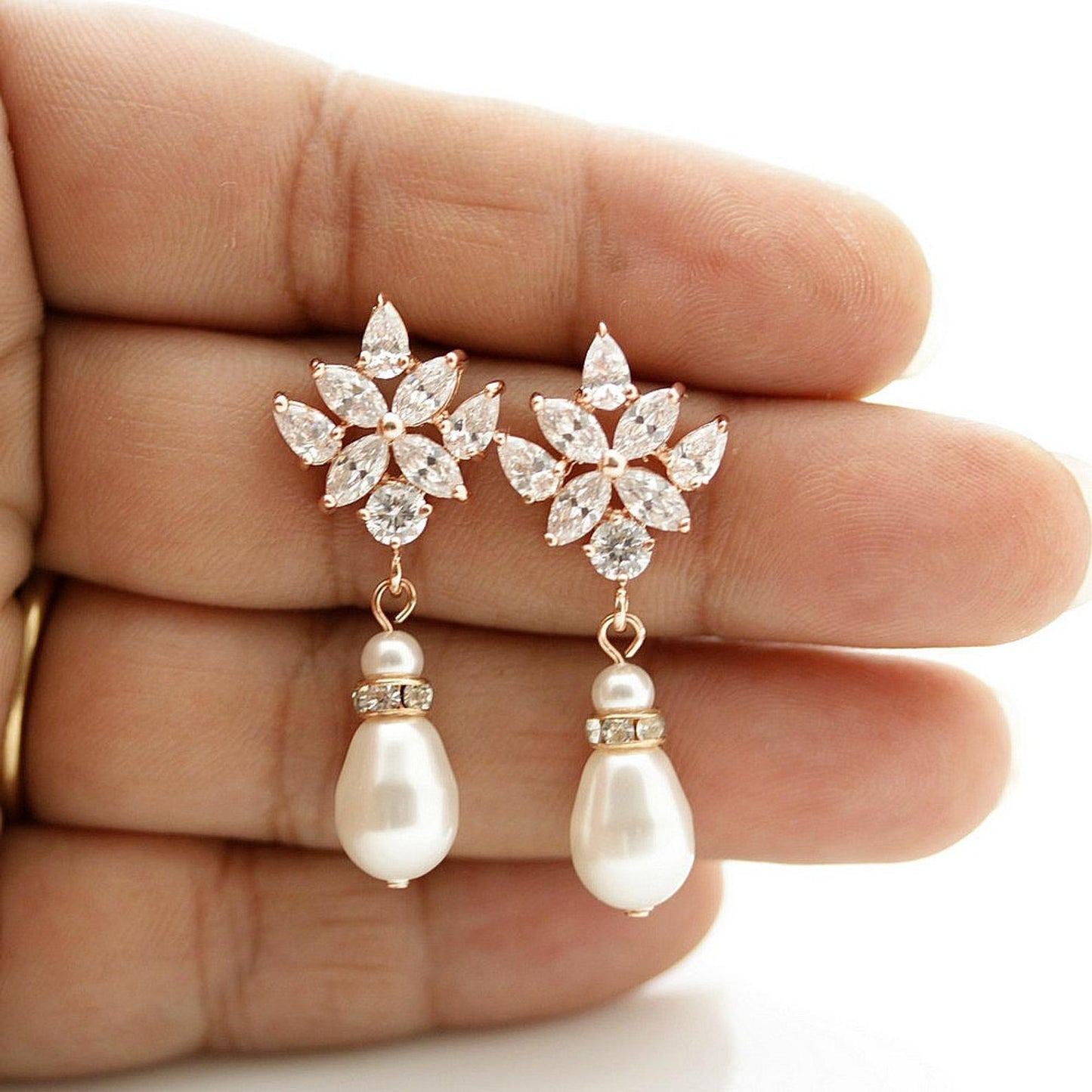 Gold Drop Earrings for Weddings with Teardrop Pearls- Rosa - PoetryDesigns