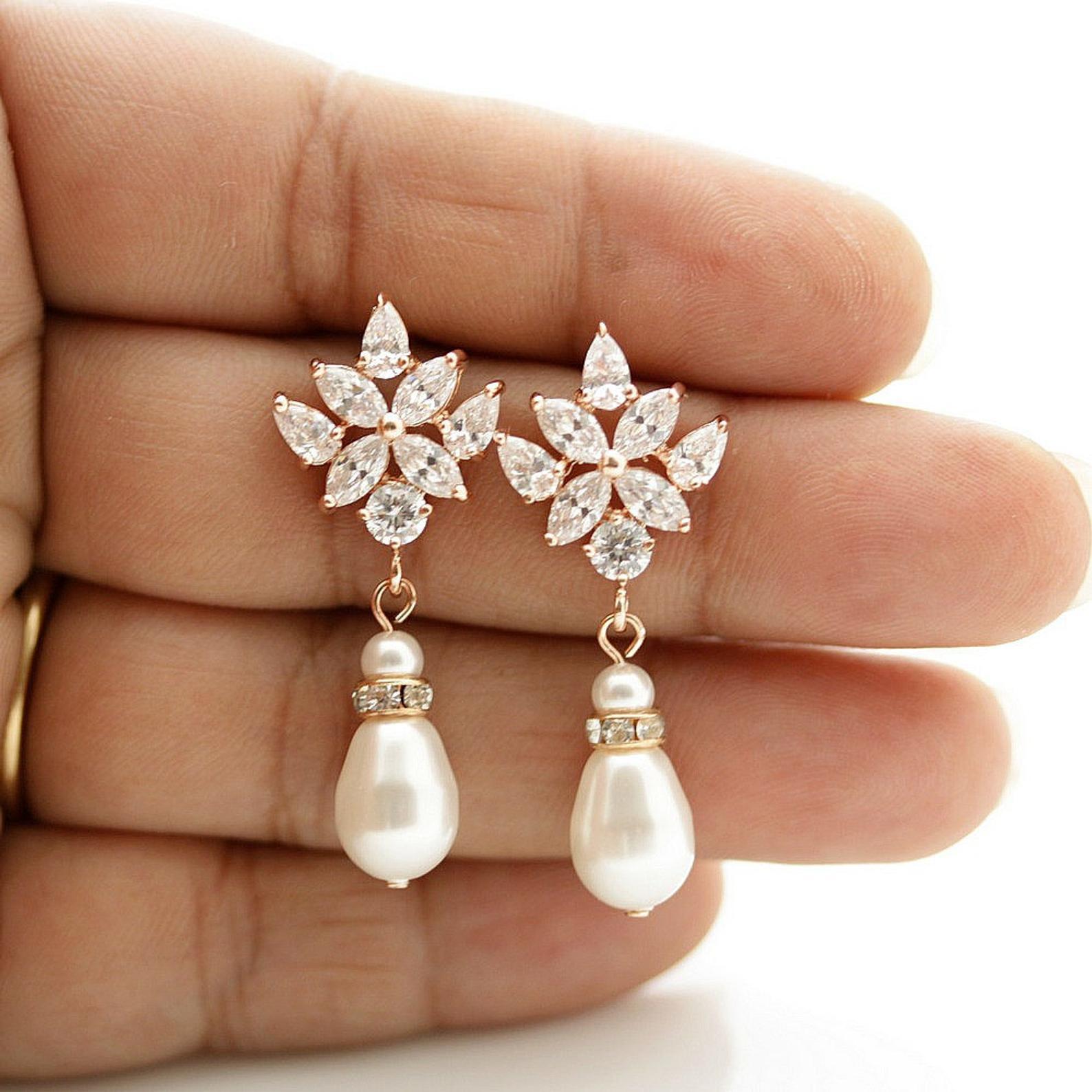 Gold Drop Earrings for Weddings with Teardrop Pearls- Rosa - PoetryDesigns