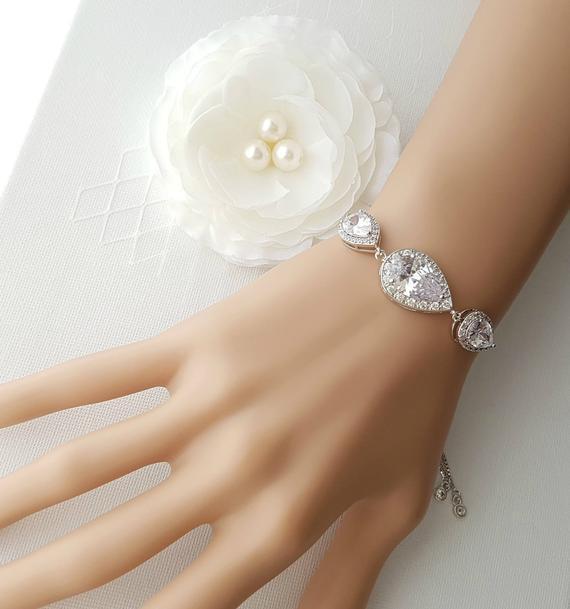 Crystal Bridal Bracelet, Wedding Jewelry, Bridesmaid Bracelet, Teardrop Bracelet, Zirconia Wedding Bracelet Adjustable Bracelet, Evelyn - PoetryDesigns