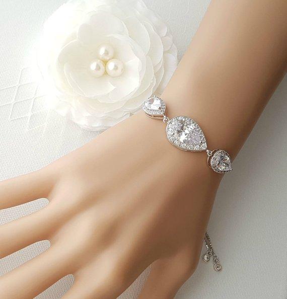 Bridal Bracelet, Rose Gold Crystal Bracelet, Wedding Jewelry, Clear Cubic Zirconia, Teardrop Bracelet, Pink Gold Bracelet, Evelyn - PoetryDesigns