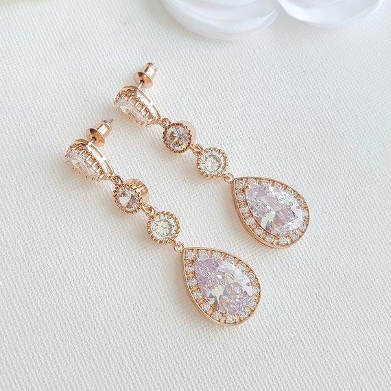 Rose Gold & Cubic Zirconia Long Earrings for Bride- Poetry Designs