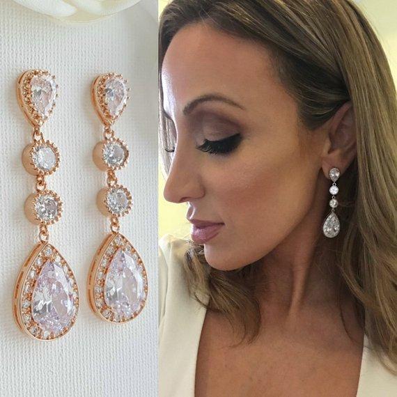 Long Rose Gold Earrings for Bride made of Cubic Zirconia- Poetry Designs
