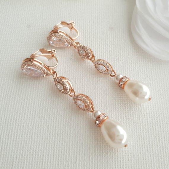 Wedding Clip On Earrings in Rose Gold-Abby - PoetryDesigns