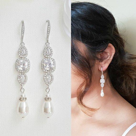 Rose Gold Pearl Drop Wedding Earrings-Gianna - PoetryDesigns