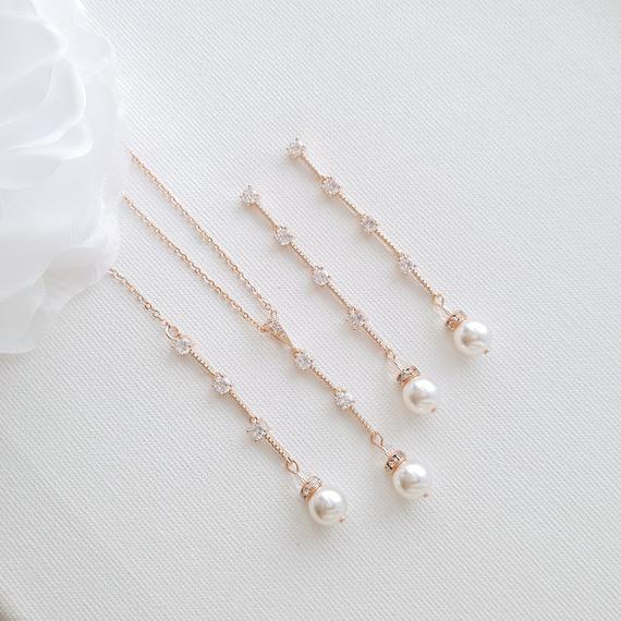 Thin Gold Necklace Earring Wedding Jewelry Set- Ginger - PoetryDesigns