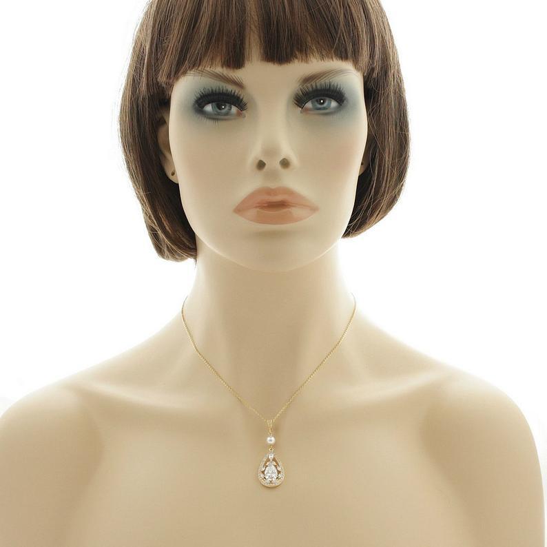 Teardrop Cubic Zirconia Pendant Necklace in 14K Gold for Weddings-Esther - PoetryDesigns