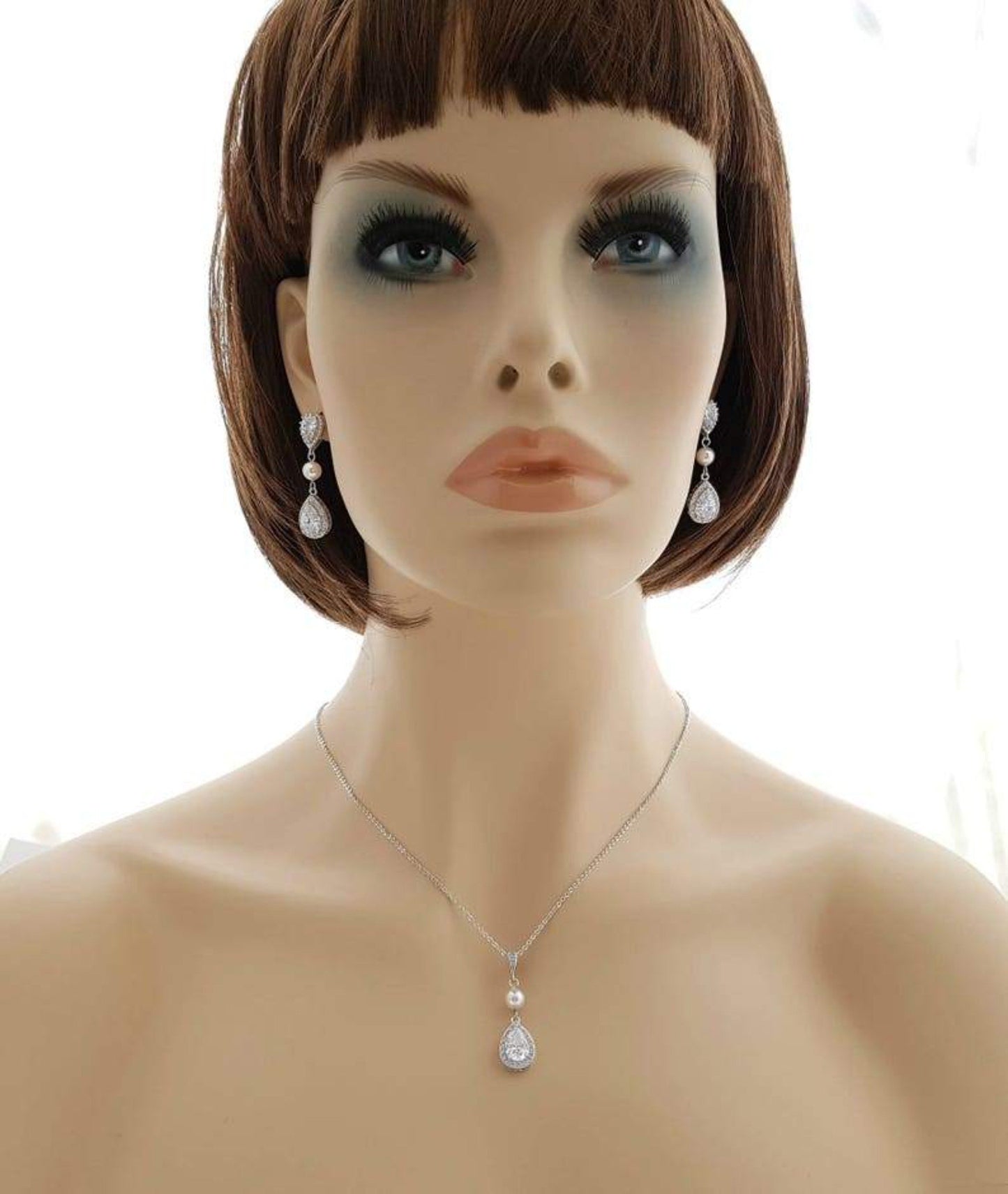 Small Pearl and Crystal Earring Necklace Set- Emma