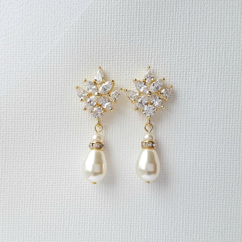 Crystal Bridal Earrings with Pearl Drop- Rosa - PoetryDesigns