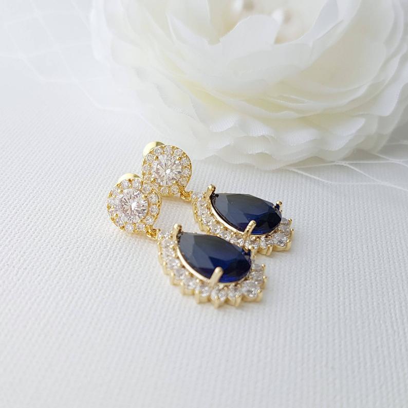 Sapphire Blue Clip On Bridal Earrings-Aoi - PoetryDesigns