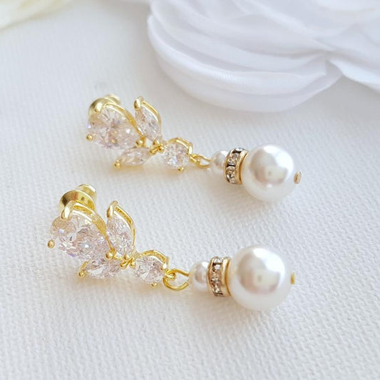 Gold Earrings for Weddings with Pearl Drops-Nicole - PoetryDesigns