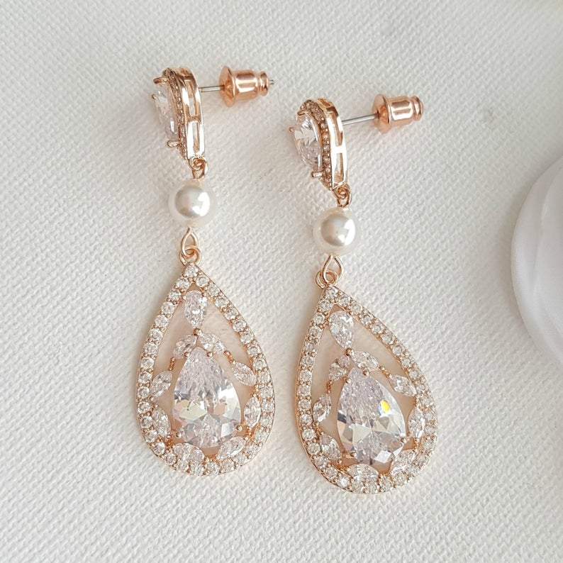 Aretes de cristal CZ de oro rosa para bodas y novias-Esther