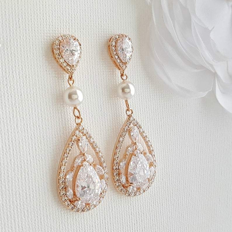 Aretes de cristal CZ de oro rosa para bodas y novias-Esther