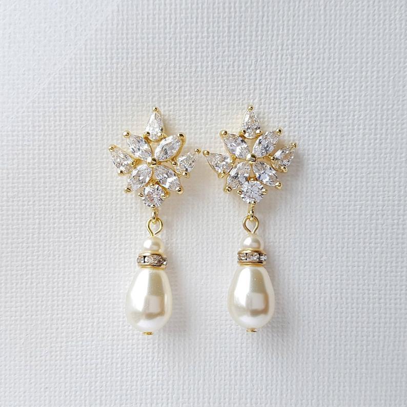 Crystal Bridal Earrings with Pearl Drop- Rosa - PoetryDesigns