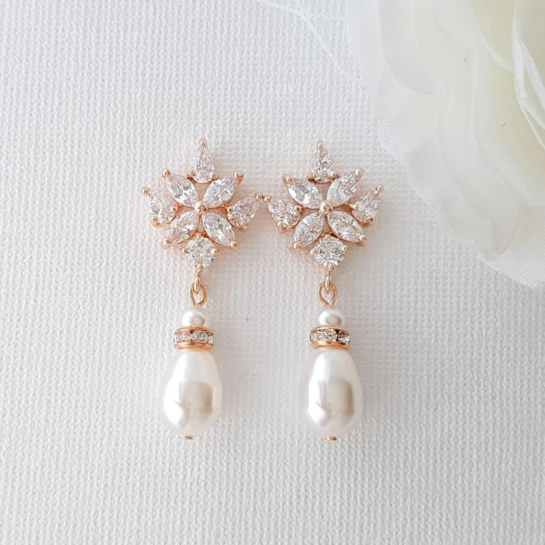 Gold Drop Earrings for Weddings with Teardrop Pearls- Rosa - PoetryDesigns