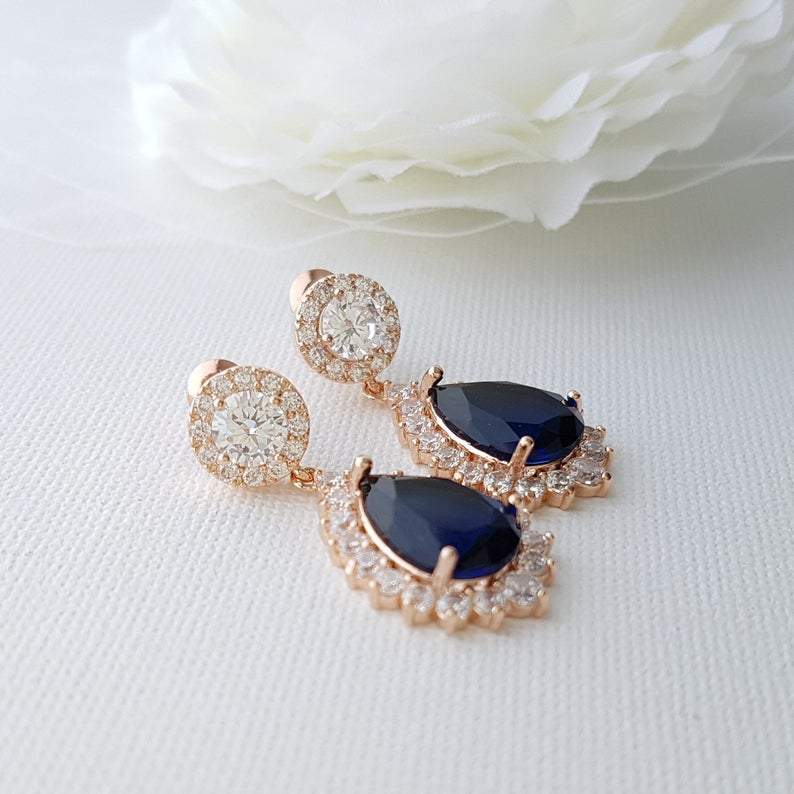 Sapphire Blue Clip On Bridal Earrings-Aoi - PoetryDesigns