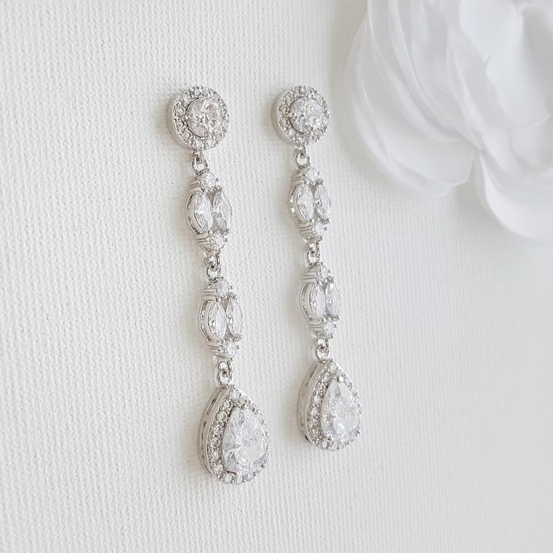 Long Earrings Drop Necklace & Bracelet Bridal Jewelry Set- Hayley - PoetryDesigns