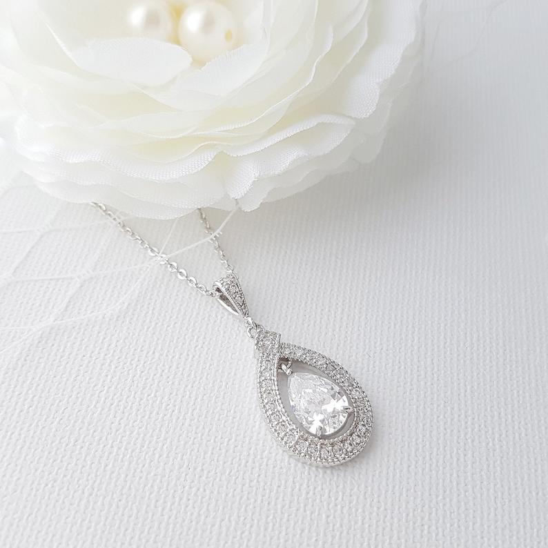 Gold Bridal Pendant Necklace Made of Teardrop Cubic Zirconia- Sarah - PoetryDesigns