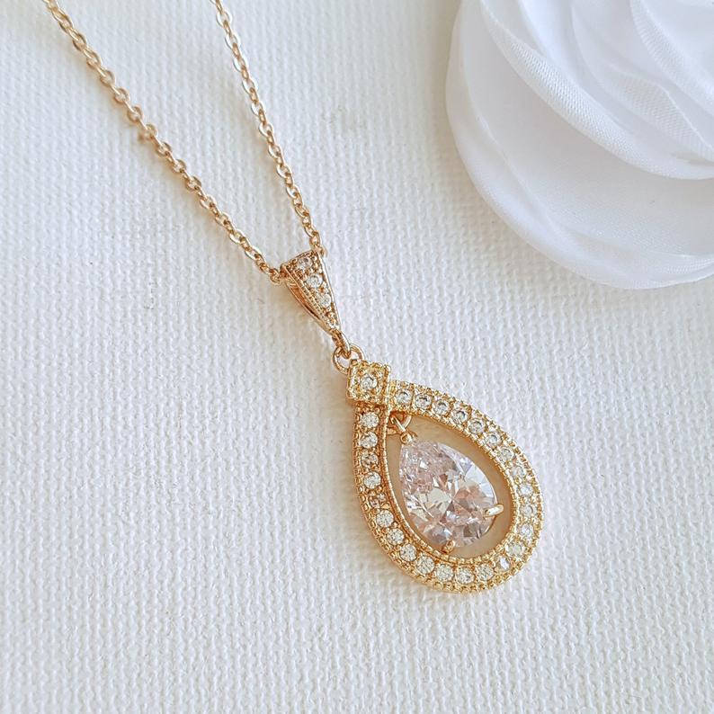 Gold Bridal Pendant Necklace Made of Teardrop Cubic Zirconia- Sarah - PoetryDesigns