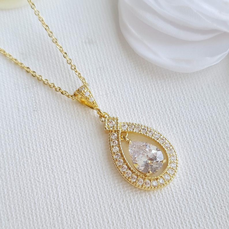 Gold Bridal Pendant Necklace Made of Teardrop Cubic Zirconia- Sarah - PoetryDesigns