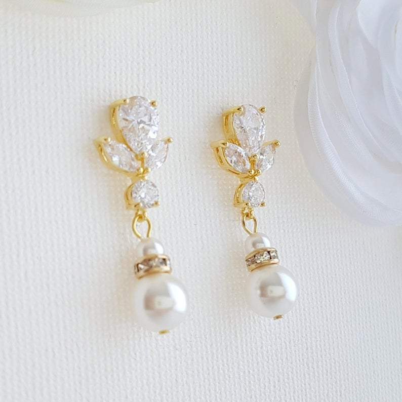 Bridal Earrings in Rose Gold and Pearl Drops-Nicole - PoetryDesigns