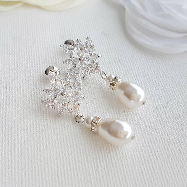 Rose Gold Bridal Earrings with Pearl Drops- Rosa