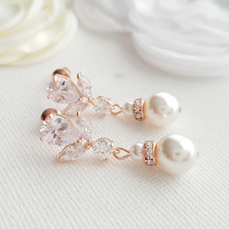 Bridal Earrings in Rose Gold and Pearl Drops-Nicole - PoetryDesigns