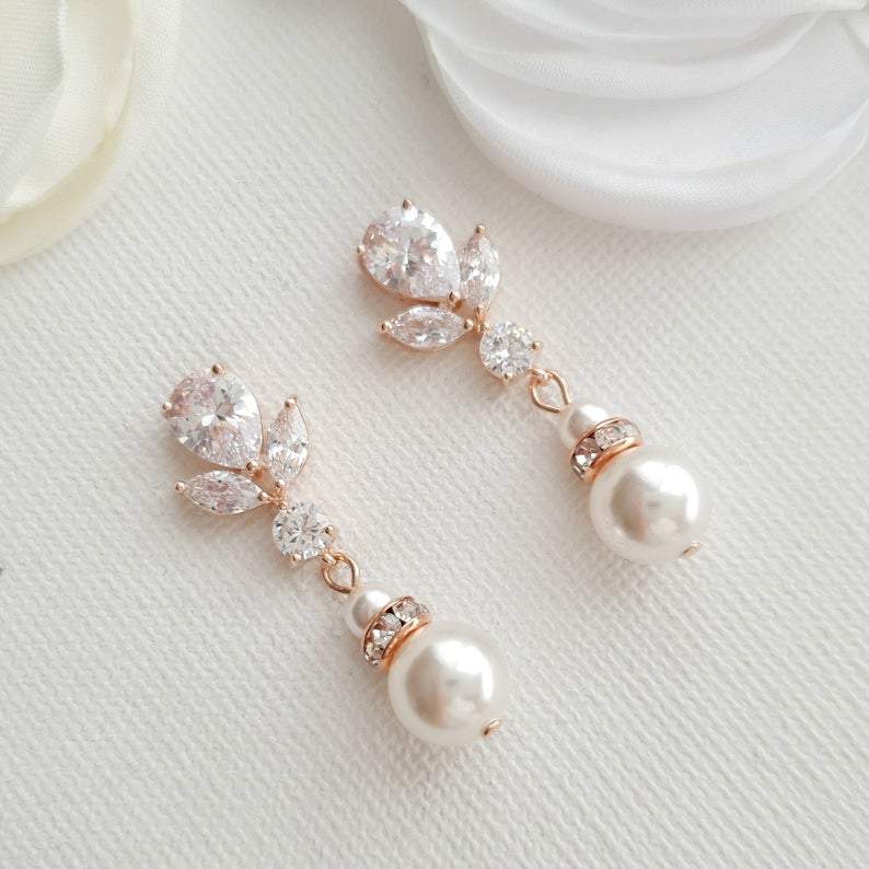 Bridal Earrings in Rose Gold and Pearl Drops-Nicole - PoetryDesigns