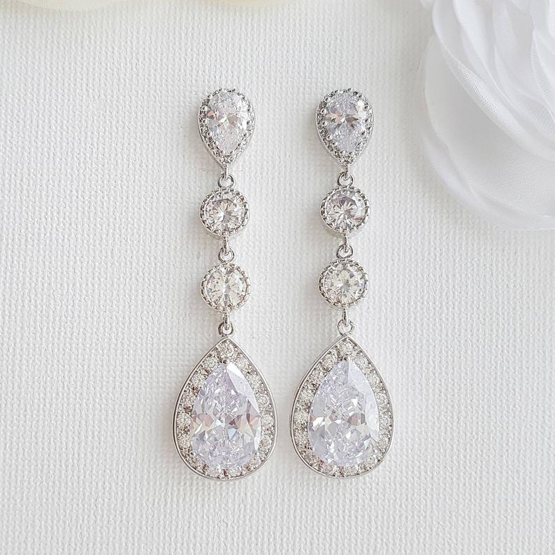 Long Earrings for Bride in Silver, CZ - Poetry Designs