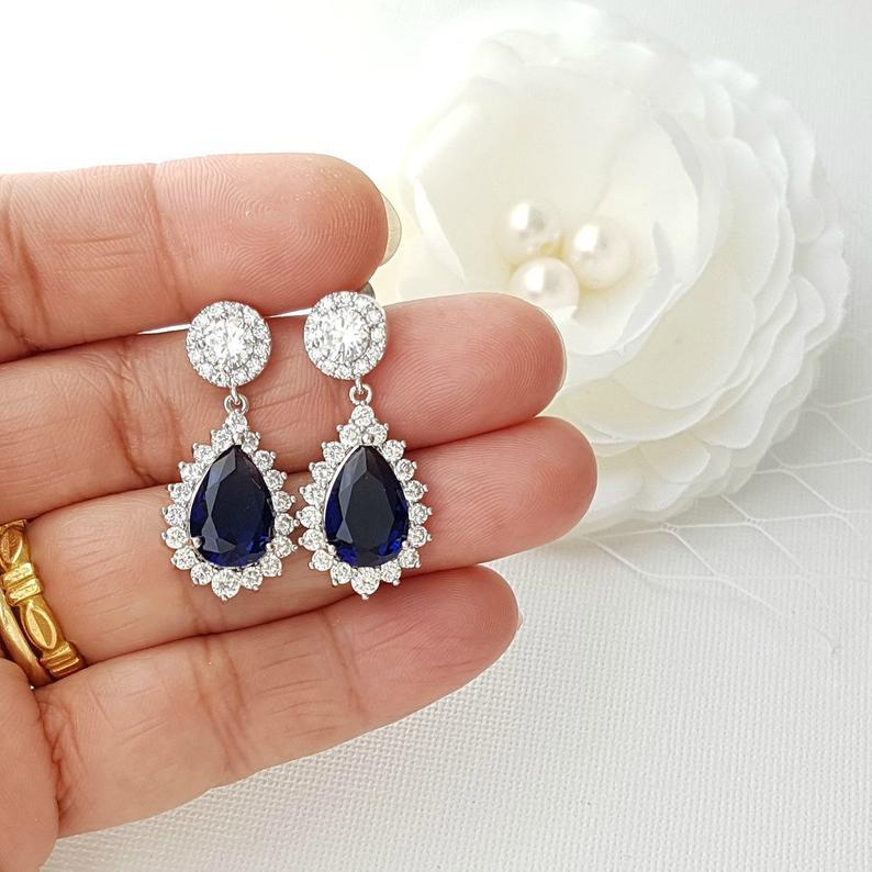 Sapphire Blue Clip On Bridal Earrings-Aoi - PoetryDesigns