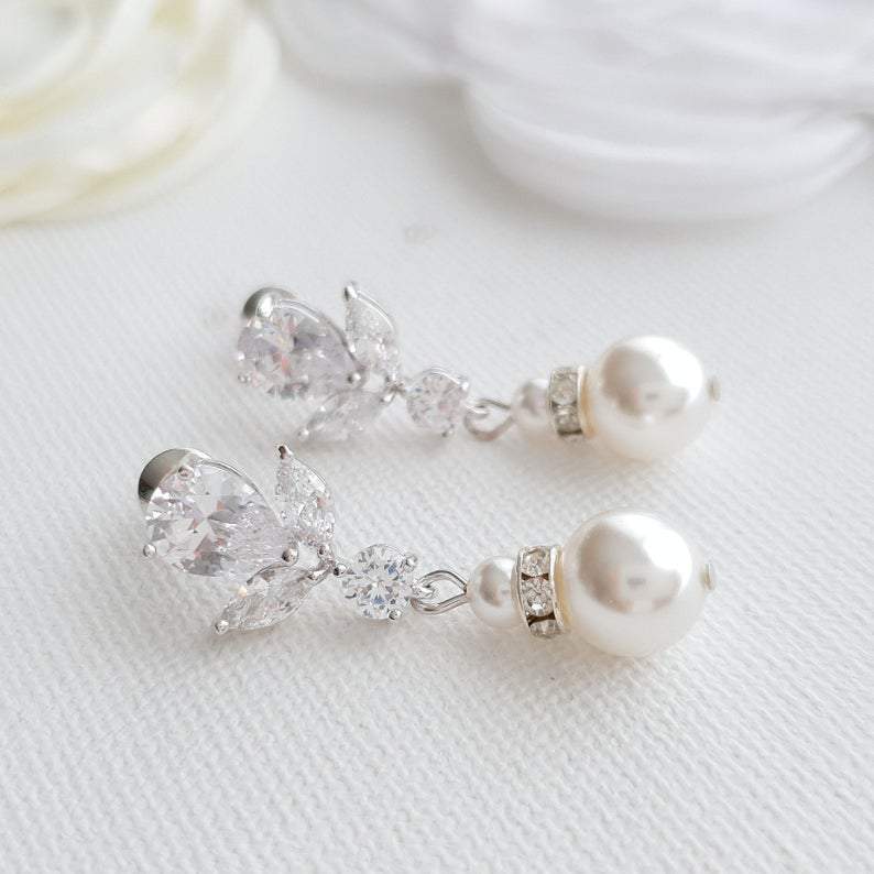 Bridal Earrings in Rose Gold and Pearl Drops-Nicole - PoetryDesigns