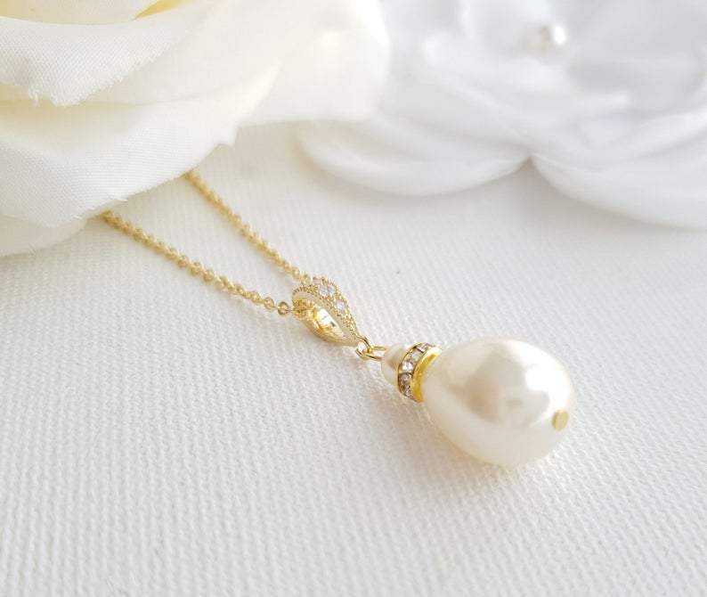 gold teardrop necklace for brides and bridesmaids- Poetry Designs