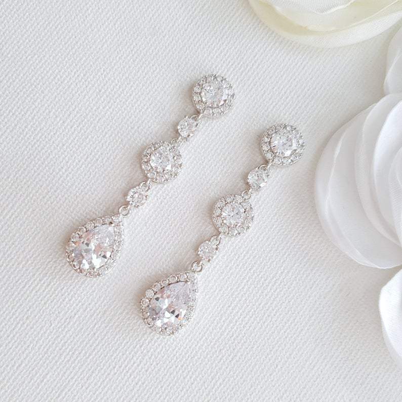 Long Earrings for Wedding in Silver-Reagan - PoetryDesigns