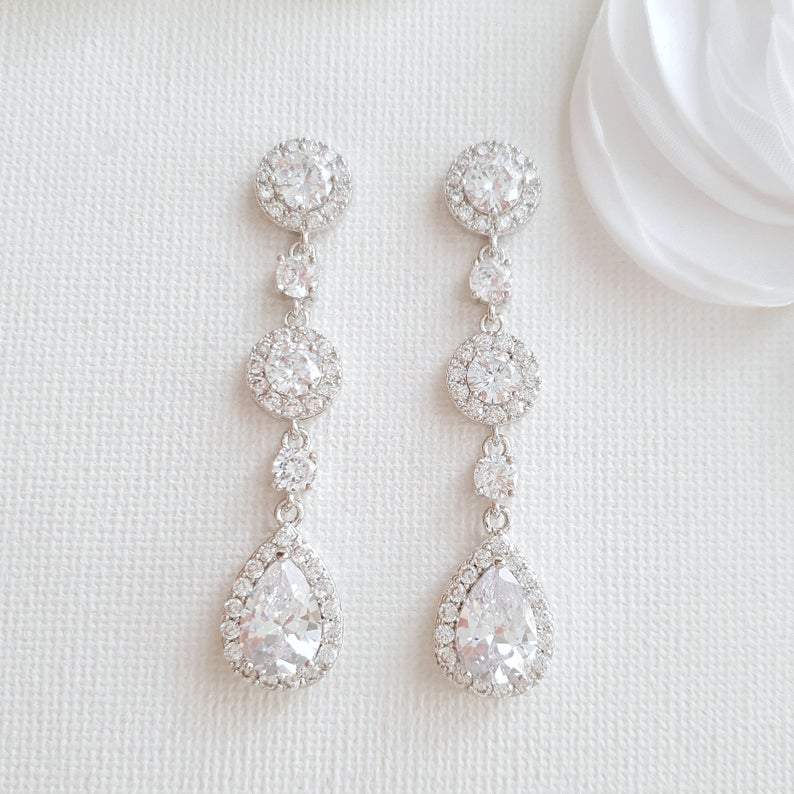 Long Silver Wedding Earrings in Silver tone Made of Cubic Zirconia