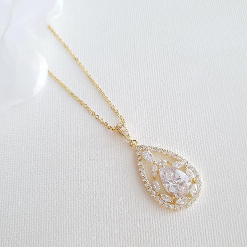 Bridal Pendant Necklace with Teardrop CZ Crystals-Esther - PoetryDesigns