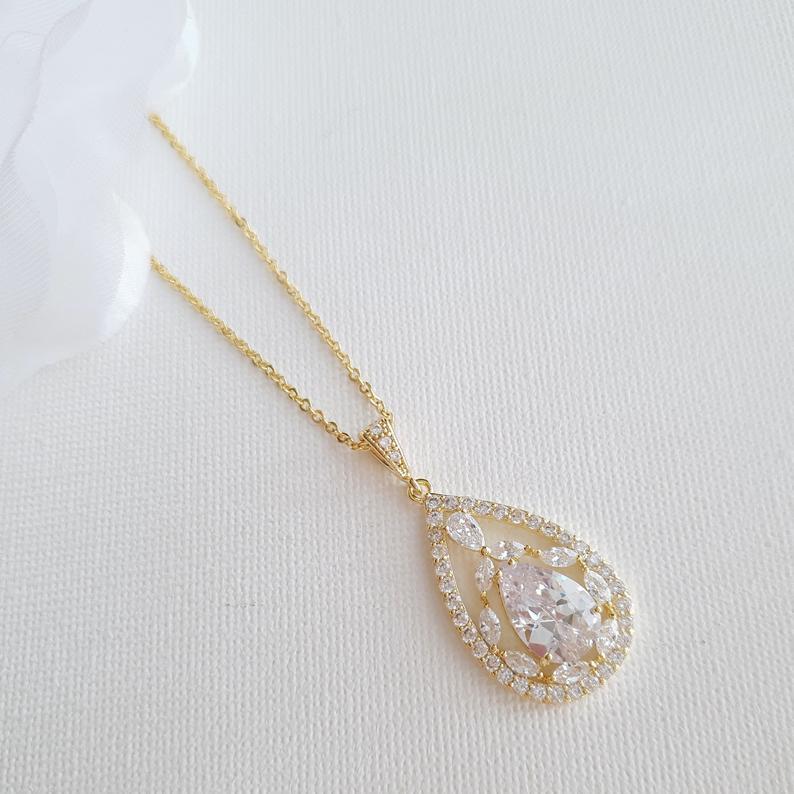 Teardrop Cubic Zirconia Pendant Necklace in 14K Gold for Weddings-Esther - PoetryDesigns