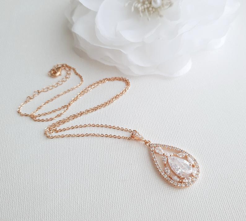 Bridal Pendant Necklace with Teardrop CZ Crystals-Esther - PoetryDesigns