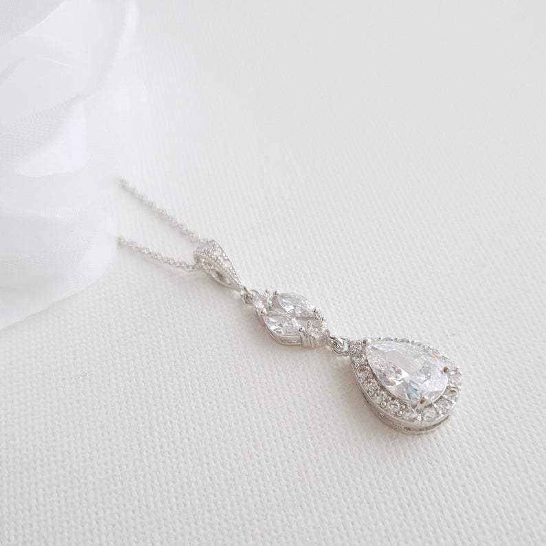 CZ Drop Pendant Necklace in Silver for Bridesmaids & Brides-Hayley - PoetryDesigns