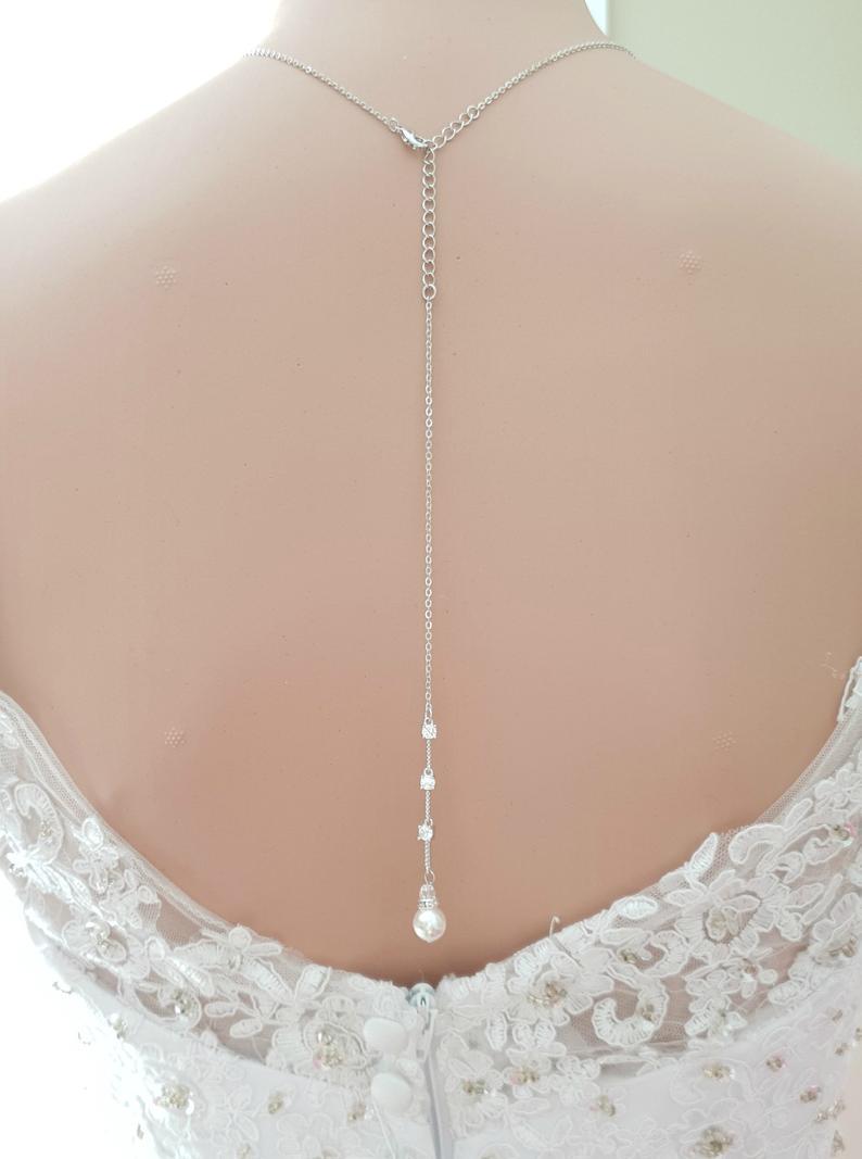 Simple Drop Back Bridal Necklace Silver- Ginger - PoetryDesigns