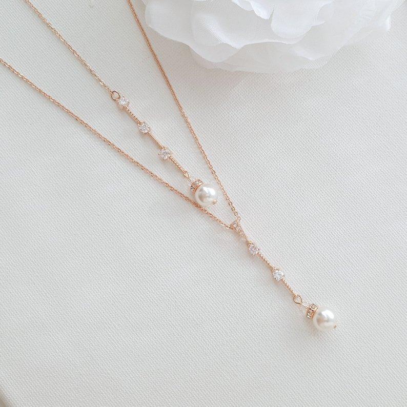 Simple Drop Back Bridal Necklace Silver- Ginger - PoetryDesigns