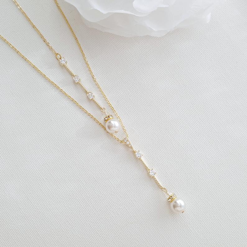 Simple Drop Back Bridal Necklace Silver- Ginger - PoetryDesigns