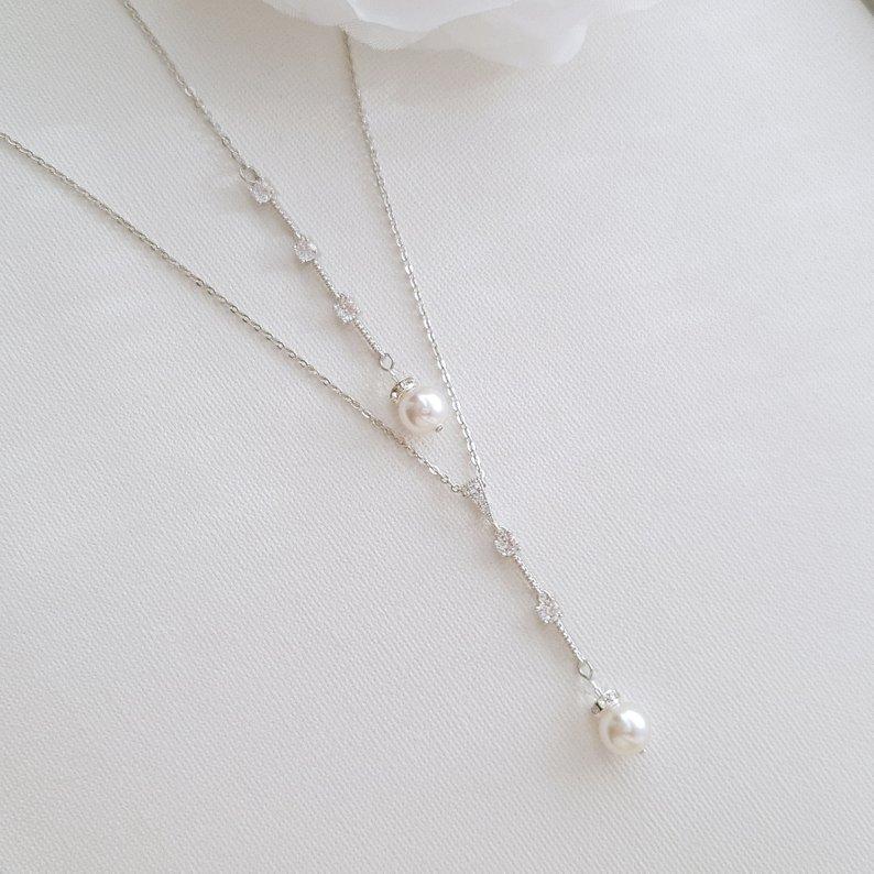 Simple Drop Back Bridal Necklace Silver- Ginger - PoetryDesigns