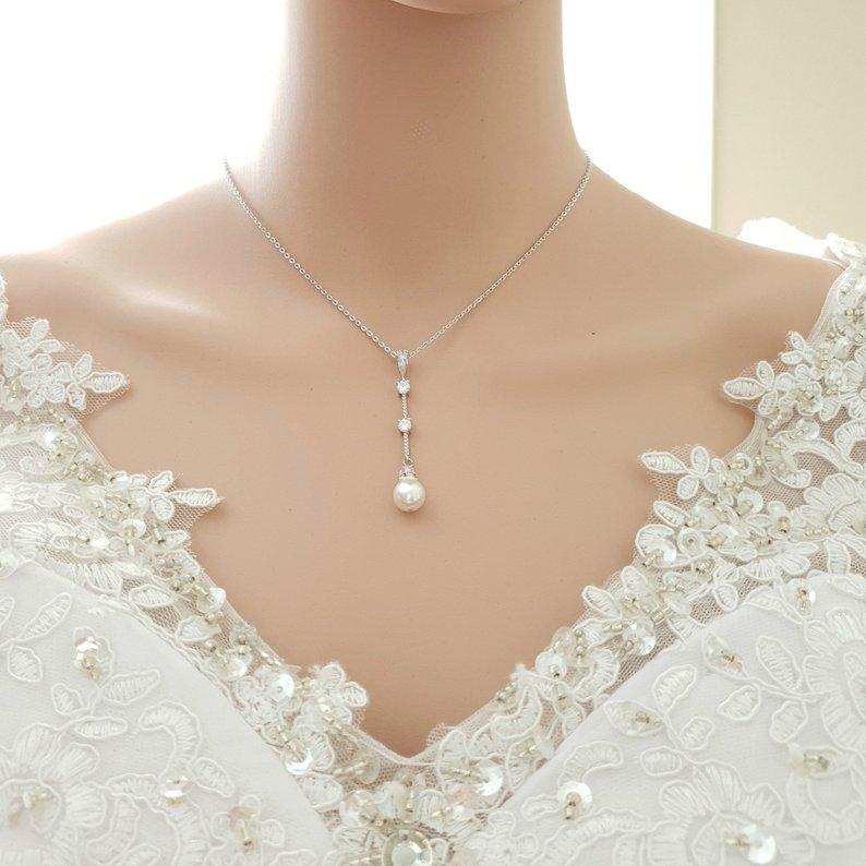 Simple Drop Back Bridal Necklace Silver- Ginger - PoetryDesigns