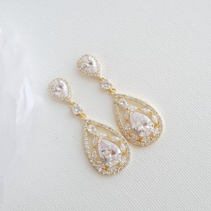 Yellow Gold Bridal Earrings in Cubic Zirconia for Brides-Esther