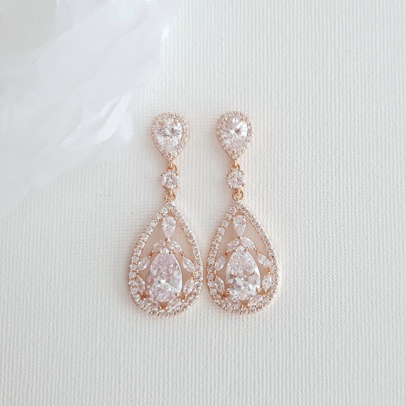 Yellow Gold Bridal Earrings in Cubic Zirconia for Brides-Esther - PoetryDesigns